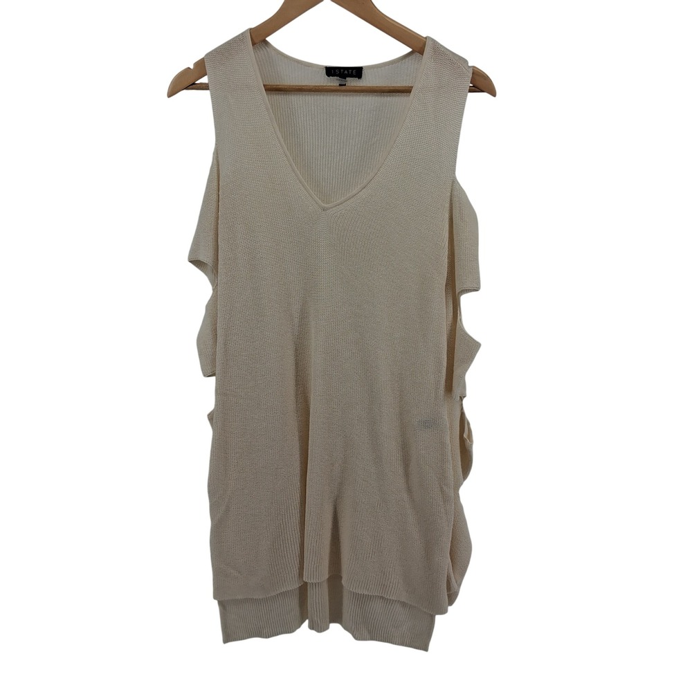 1.STATE Womens XS Knit Sweater Top Cream Cutout‎ Sleeve Tunic Modern Edgy Artsy